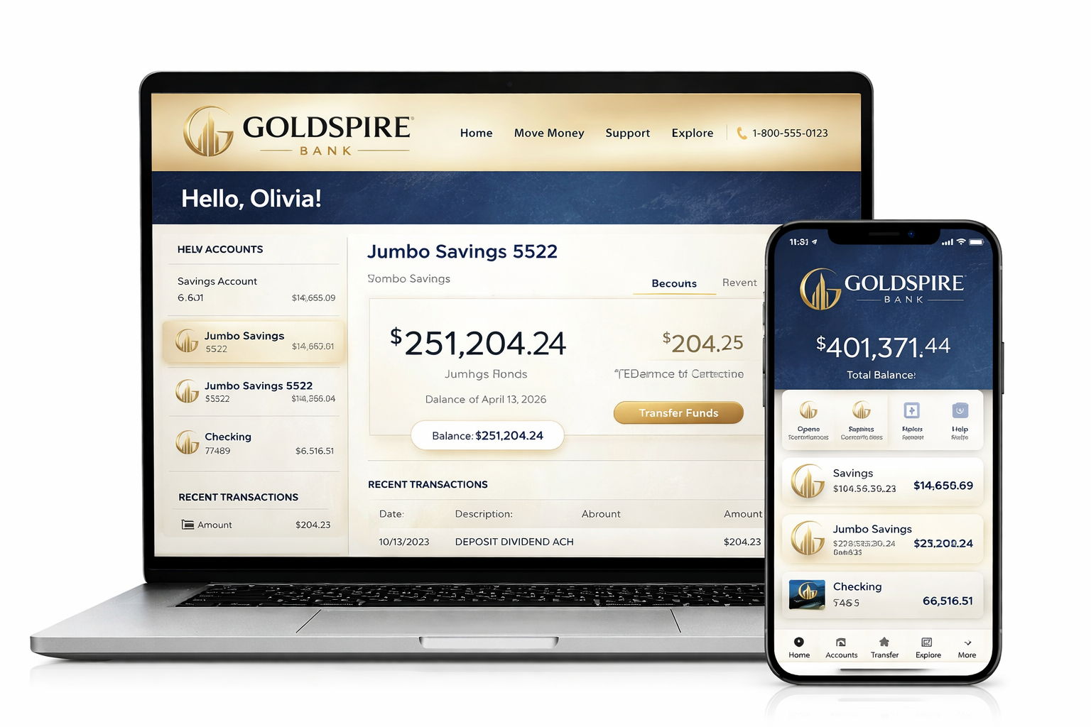 Goldspire Bank mobile app on iPhone and iPad: balances, transfers, and savings insights.